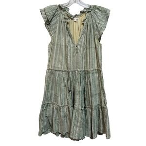 Anna‎ Cate Aimee Green/White Striped Cotton Tiered Ruffle Mini Dress Size S Boho